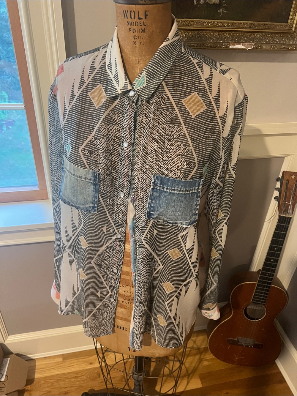 ABS Allen Schwartz Geometric Print Blouse with Denim Patch Pockets